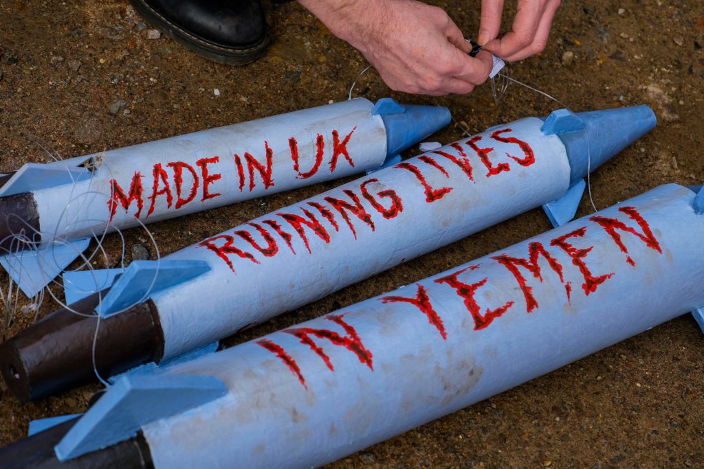 Amnesty International UK marked the 4th anniversary of Yemen conflict by driving a 1/6th scale replica Eurofighter Typhoon jet with Paveway IV missiles around UK Parliament - the same weapons used by Saudi Arabia to carry out airstrikes in Yemen that are still being sold by UK. © Jon Cornejo